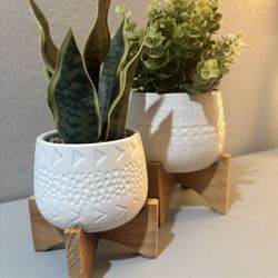 Flora Bunda Mid-Century ceramic planters on wood stand