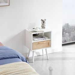 15.75 Rattan End table with Power Outlet & USB Ports , Modern nightstand with drawer and solid wood legs, side table for living room, bedroom, white