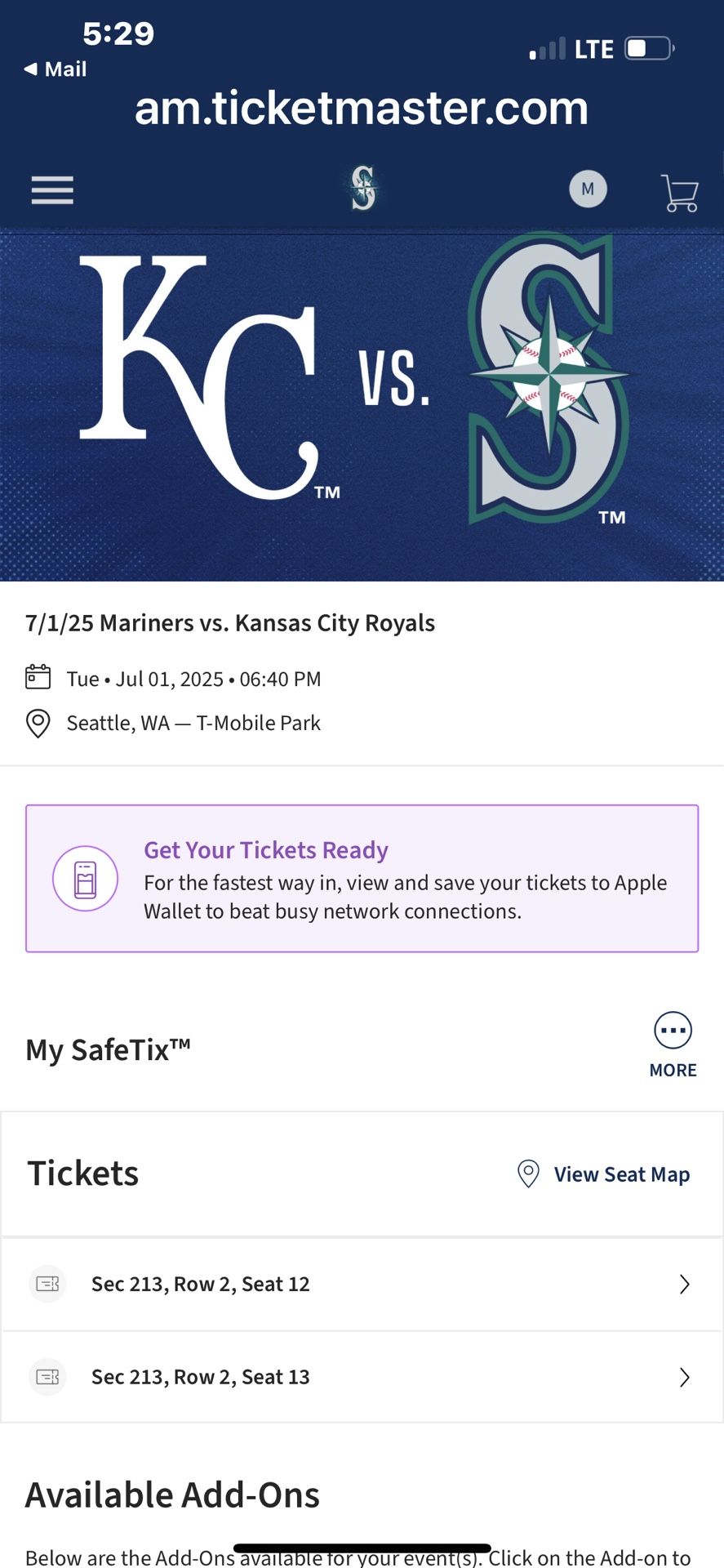 seattle Mariner tickets 7/1 6:40