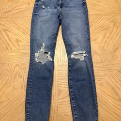 H&M Womens Jeans 10 Blue Denim Skinny Stretch Mid Rise Medium Wash Distressed Waist 14” Length 26” Rise 10”