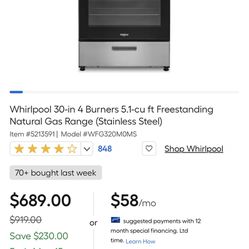 Whirlpool 30 In Gas Stove 