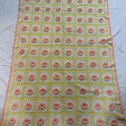 Vintage Crochet Granny Square Blanket Yellow Peach Afghan Raised Flower Throw 44x66