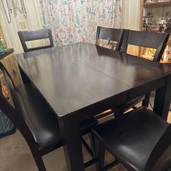 Solid Wood Table And Matching Bench Seat And Chairs