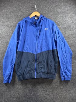 Reebok Mens Large Blue Black Colorblock Full Zip Hooded Windbreaker Jacket