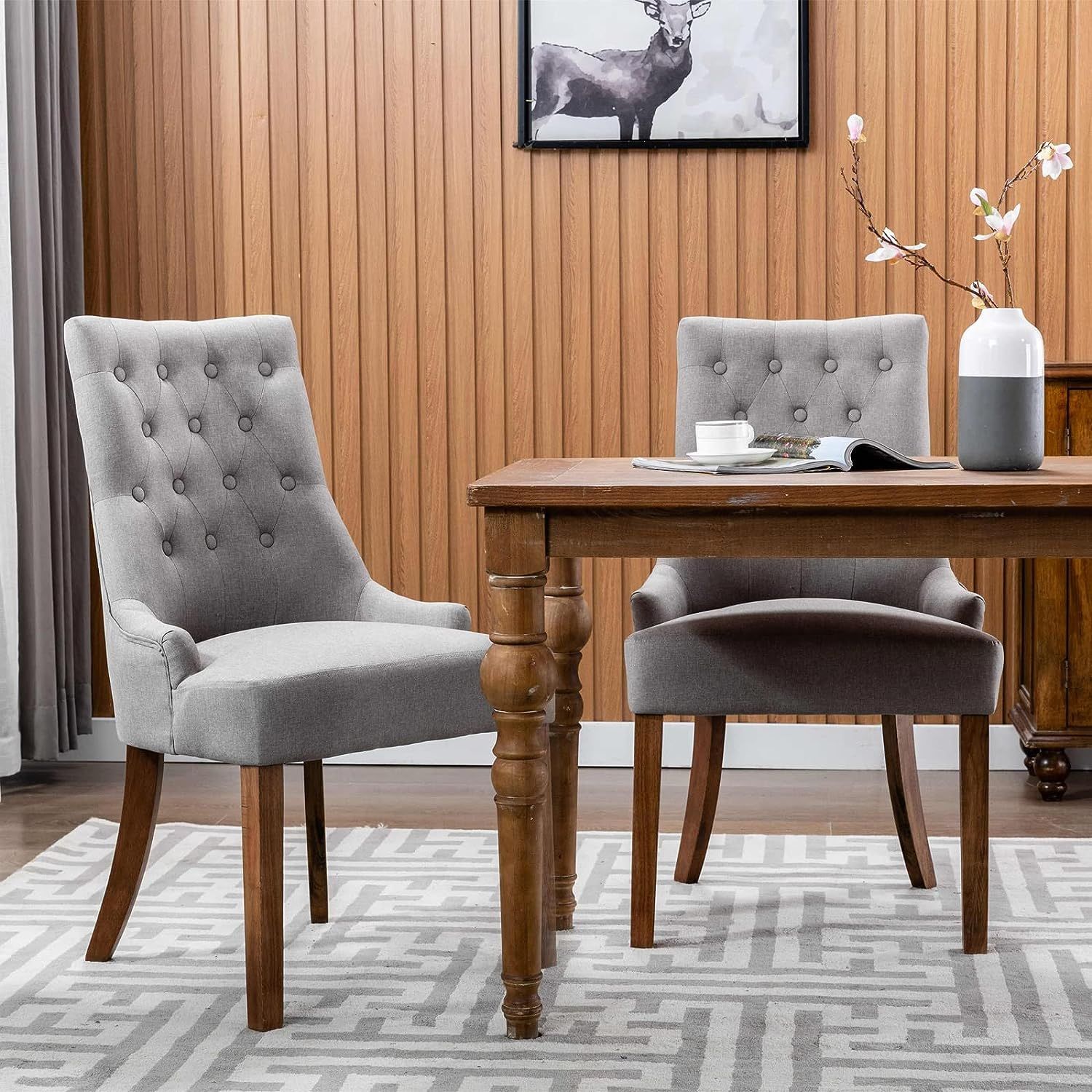 Wingback Upholstered Dining Chairs With Button. Set Of 2. 3 Colors
