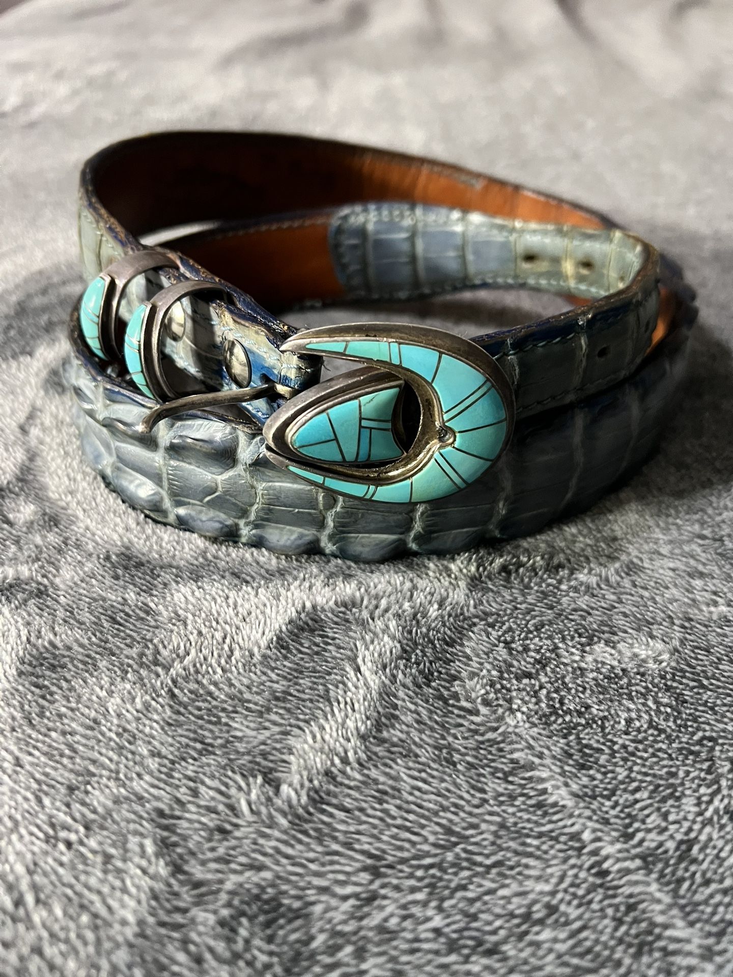 John Fong Exotic Leather Crocodile Turquoise And Sterling Silver Belt For Woman Size 34 To 38