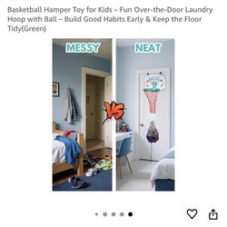 $15-Basketball Hamper Toy for Kids - Fun Over-the-Door Laundry Hoop with Ball - Build Good Habits Early & Keep the Floor Tidy(Green)