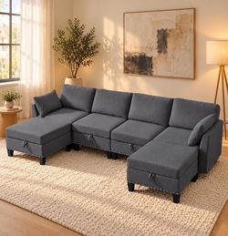 Dark Gray Modular Sofa with Hidden Storage & Reversible Chaises