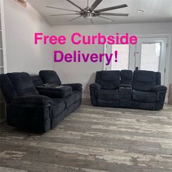Free Curbside Delivery! Grey Couch And Loveseat With Charging Station, Pullout Table, And Recliners