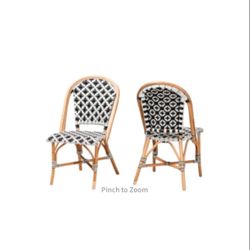 Ambre Modern French Black & White Weaving Natural Rattan Bistro Chair Set Of 2