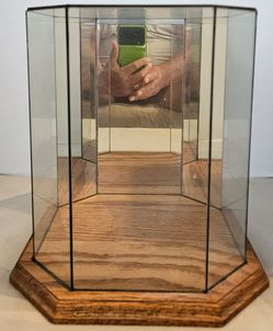 Vintage Hexagon Tabletop Display Case Oak Wood & Glass Curio Traditional 11"x11