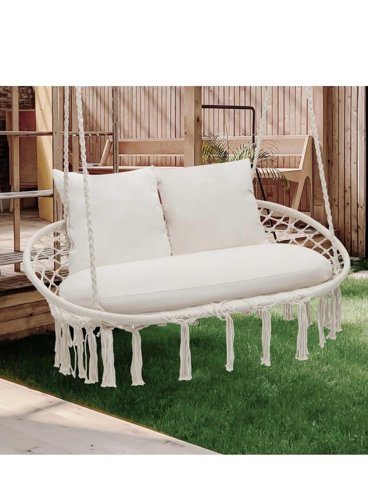 Double Swing Chair with 3 Cushions for Outside, Large Hanging Macrame Swing Chair for Indoor/Outdoor Relax, Adult Hammock Boho Chair Max 700 lbs Capac