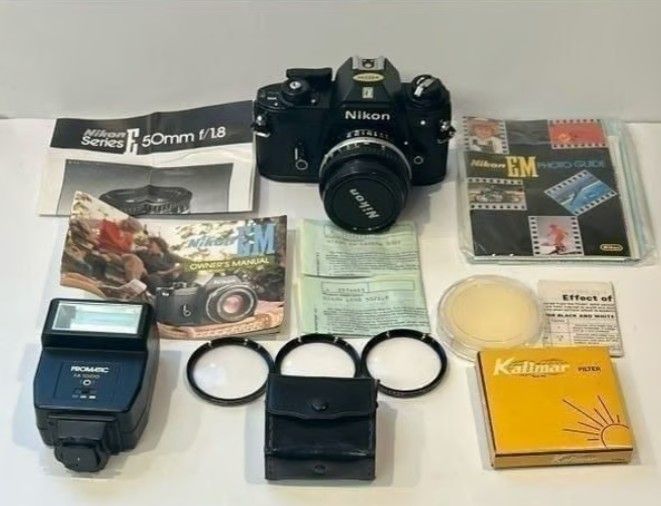 Nikon EM 35MM Film Camera w/ 50MM 1:1.8 Series E Lens & Accessories