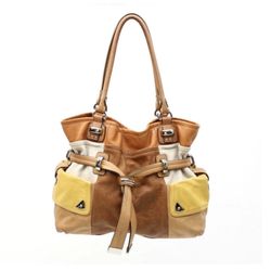 B Makowsky Brown Yellow Tan Leather Satchel Tote Shopper Shoulder Hand Bag Purse
