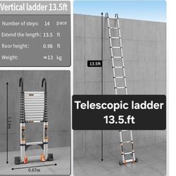 13.5 ft Telescoping Ladder Aluminum with stabilizer bar, 330lbs capacity.