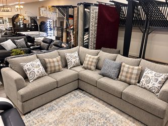Taupe/Grey Chenille 2-Piece L-Shaped Sectional Sofa β 8 Accent Pillows, New