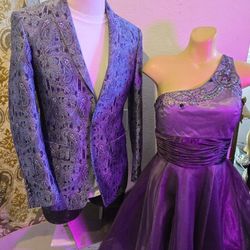 They Go EVRYWHERE TOGETHER !SUIT JACKET BY Tallia Cocktail Dress Plum Off Shoulder Lots Of Beads & Purse See All PicturesI 