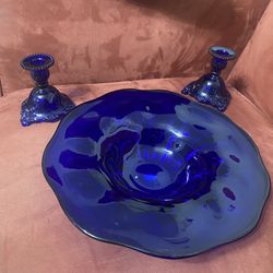 Vintage Glass Bowl & Candlesticks