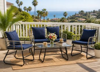 4 Piece Patio Set, NEW in box, 2 Single Chairs, 1 Double Seater, 1 Tempered Glass Coffee Table