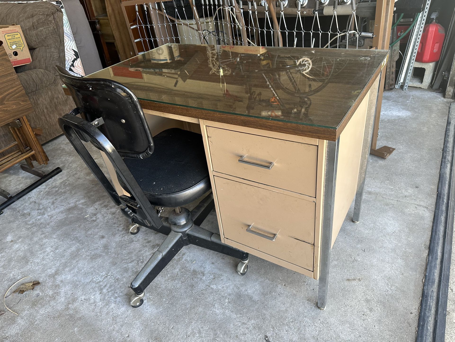 Metal Desk W/ Glass Top And Chair
