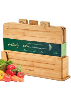 Bamboo Cutting Boards for Kitchen Set of 3, Large 14’’ x 10’’ with Holder, Wooden Cutting Board with Juice Groove & Labels for Meat Vegetables Bread