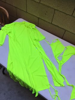 Neon Green Bikini Set with Cover-Up Dress