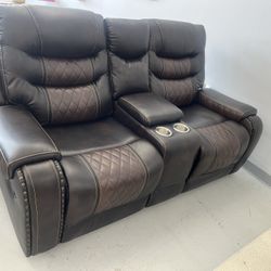 Leather Reclining  Loveseat w/ Storage Compartment 