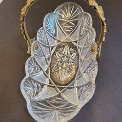 Unusual Large Vintage Oblong Patterned Glass Serving (Bride's?) Basket Dish w/ Flower Brass Handle
