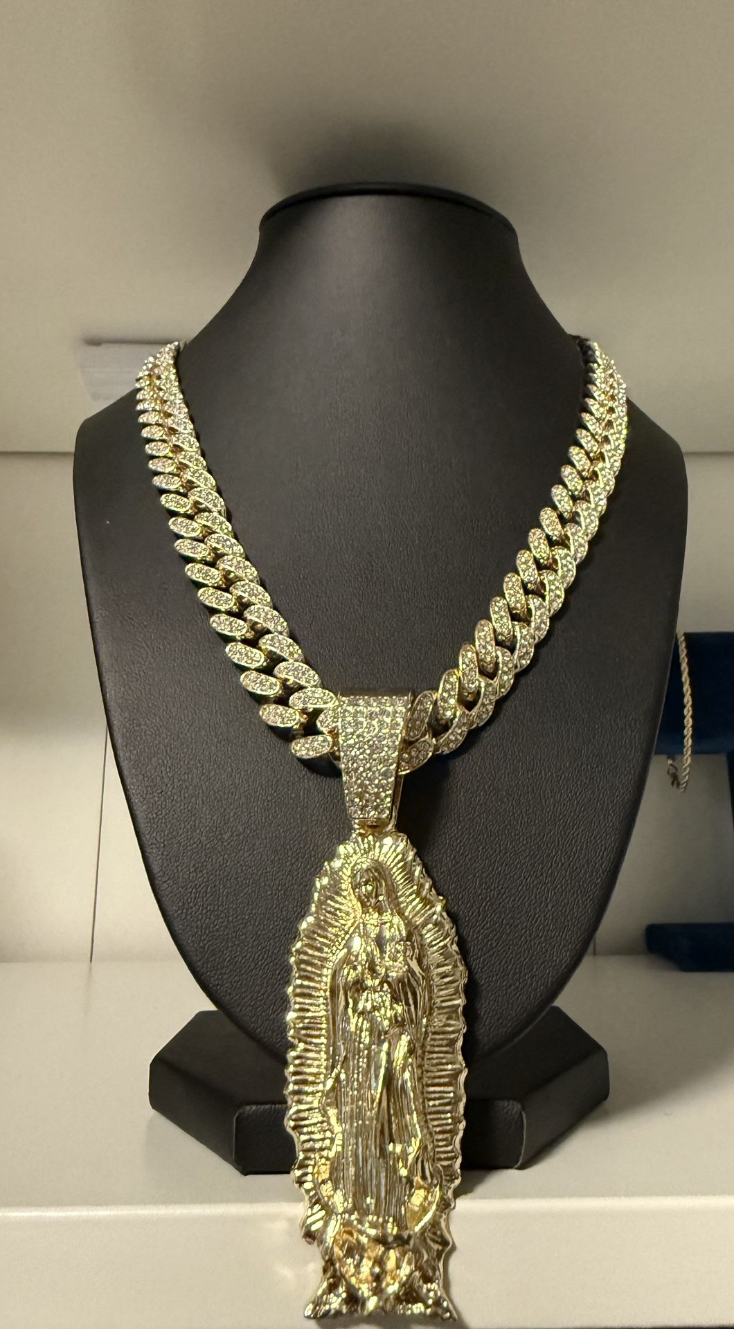 14k Gold Plated Diamond Cuban with Virgin Mary Pendant