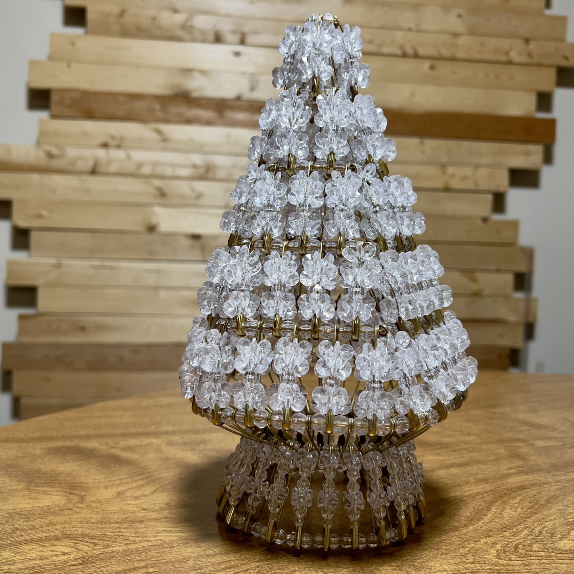 Vintage Christmas Tree Clear Beads Gold Safety Pin Tree Topper Holiday Decor