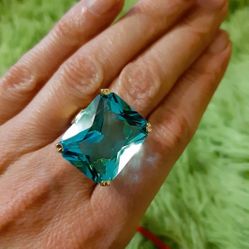 Huge Square Rhinestone Sea Blue Emerald Cut Ring - Size 7