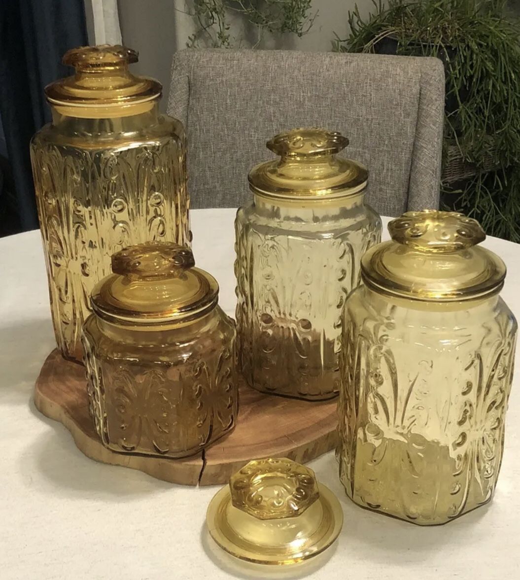 Set Of 4 LE Smith Canister Set Atterbury Scroll Honey Amber Vintage