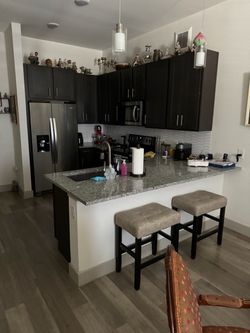Pair of Gray Upholstered Counter-Height Bar Stools – $75 OBO