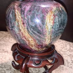 Vintage Seven color Serpentine Jade Vase hand Carved from 1 piece of block excavated and polished in Taiwan 4” x 4” on Cherrywood stand
