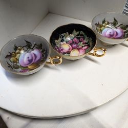 Vintage Royal Sealy China Porcelain Black Orchard Plums Grapes Berries TeaCup;Vintage Signed ROYAL SEALY China Cup Gray Plums Teacup Fruit Japan