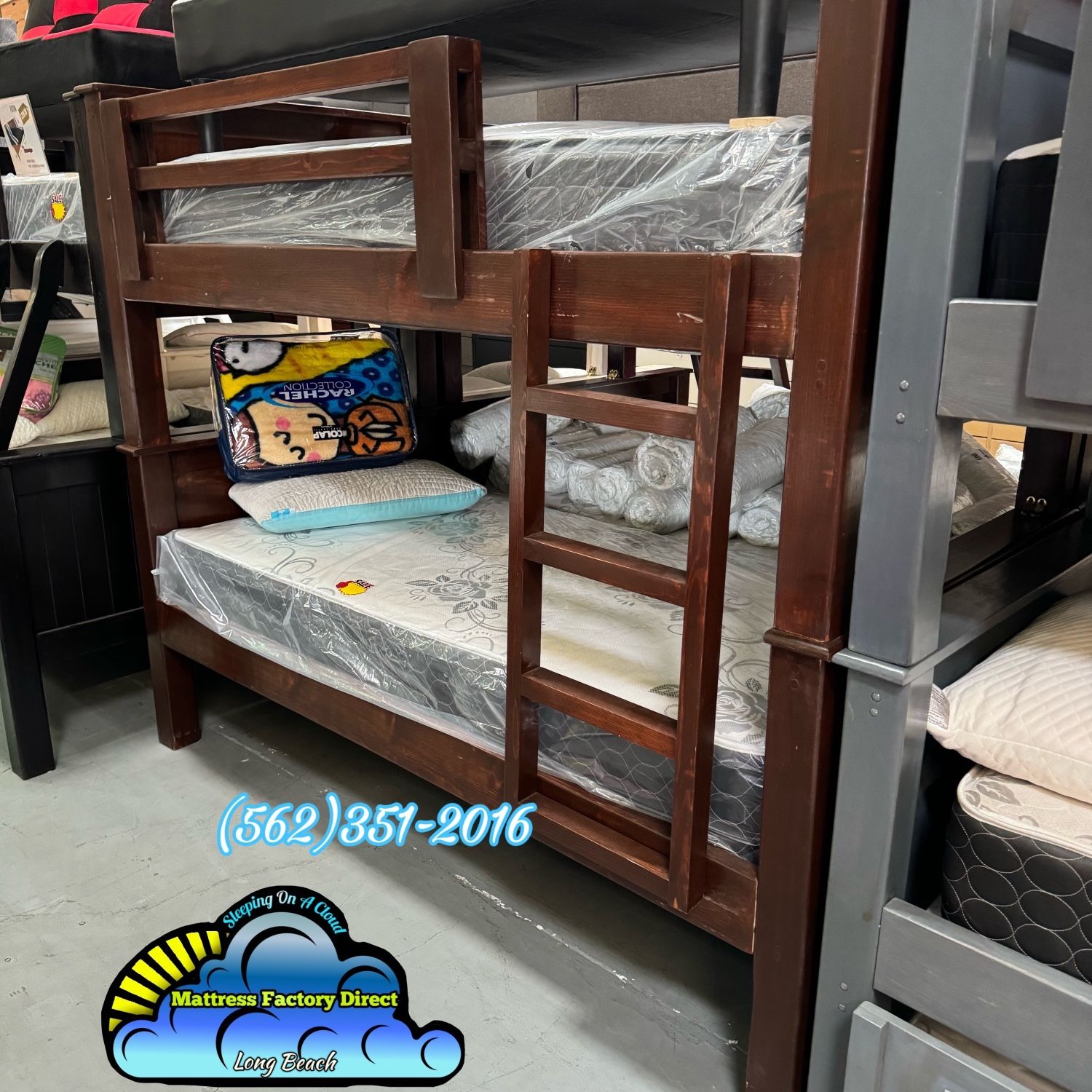 New Twin / Twin Brown Solid Pine Wood Complete Bunk Bed Litera With Mattresses 