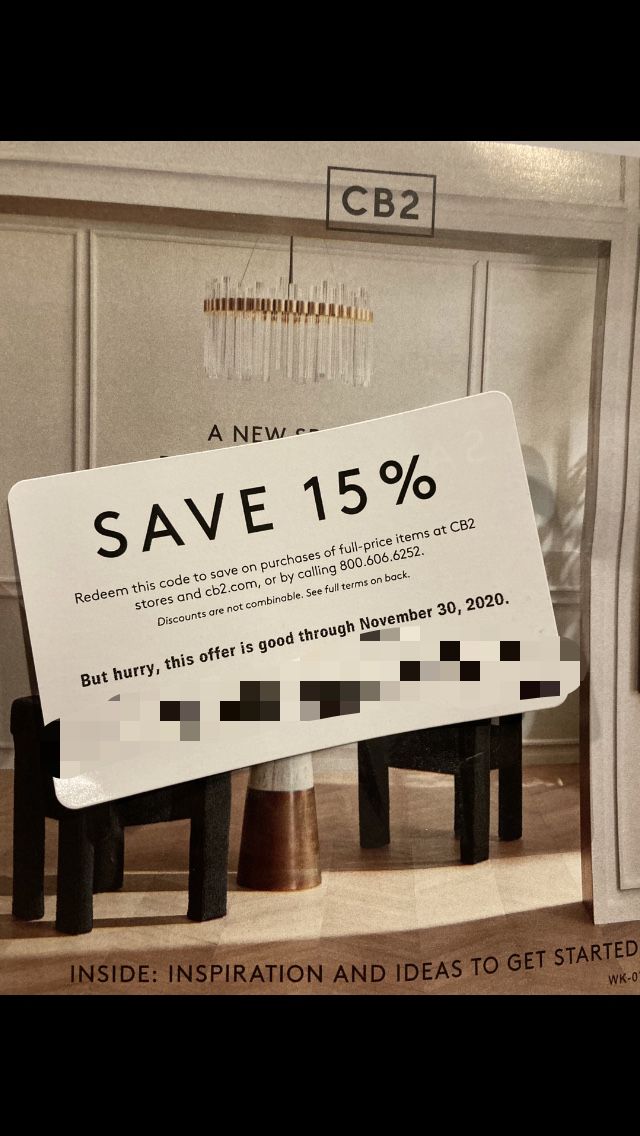 CB2 coupon 15% discount on full price item