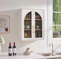 Bathroom Wall Cabinet,Arched Cabinet Wall Mount with Adjustable Shelf & Glass Doors, White/Natural Oak