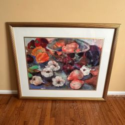 Vintage Signed Still Life Fruit Floral Framed Matted Picture Media Art 48x40 Gift VTG OBO