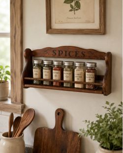 Vintage Wooden Wall-Mounted Spice Rack