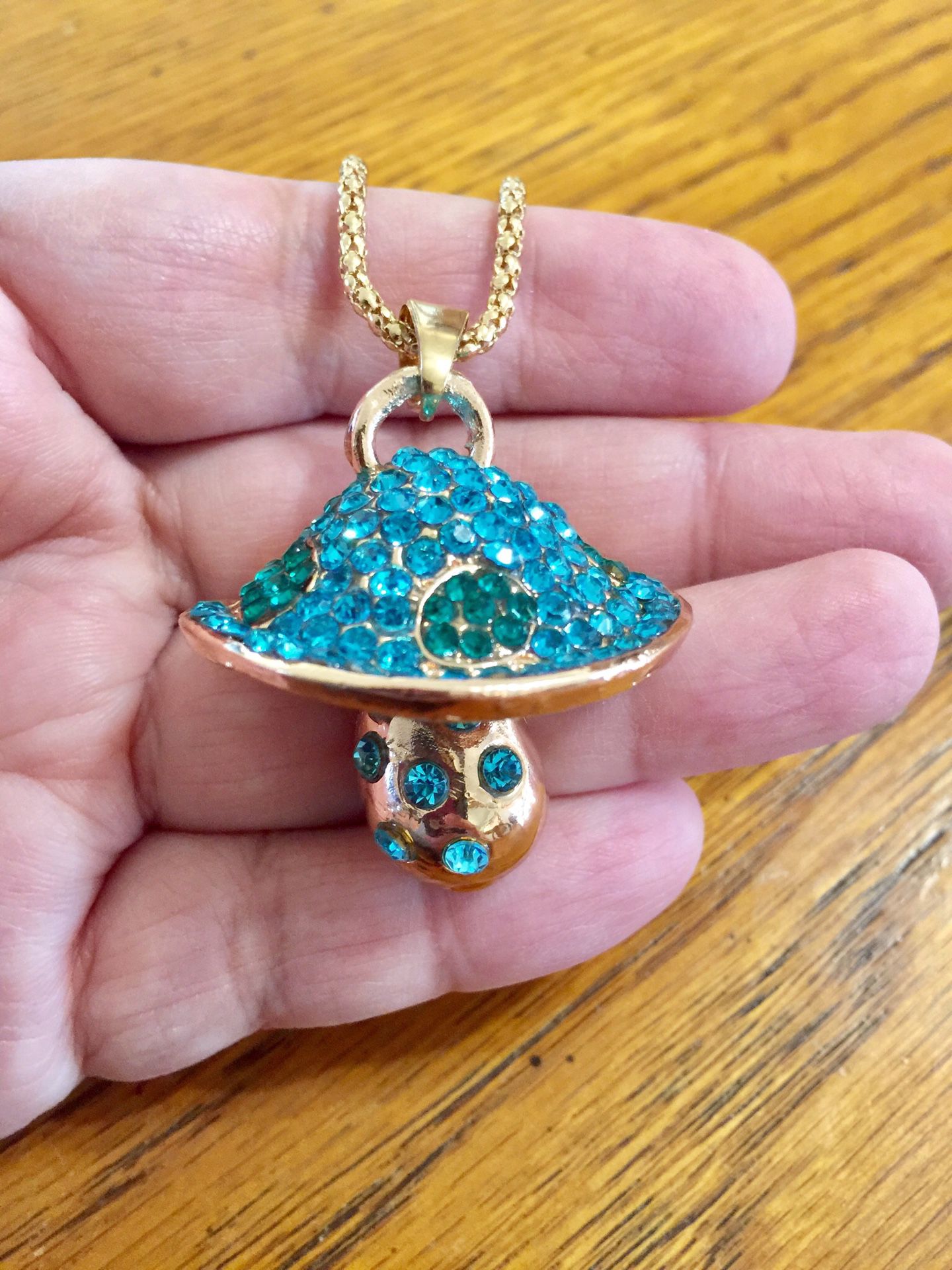 Fashion Jewelry Betsey Jonson Designer Blue Mushroom Gold Pendant, Rhinestone Crystals and 18” Gold Chain