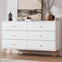 White Dresser for Bedroom, 6 Drawer Dresser with Golden Handles, Large Storage Cabinet, Modern Chest of Drawers Organizer Storage for Hallyway, Entryw