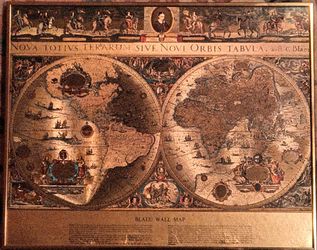 Vintage Framed Blaeu Gold Foiled Wall Map of Old and New World