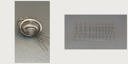Kitchen Bundle: 4 Stainless Mesh Strainers and Plate and Lid Rack