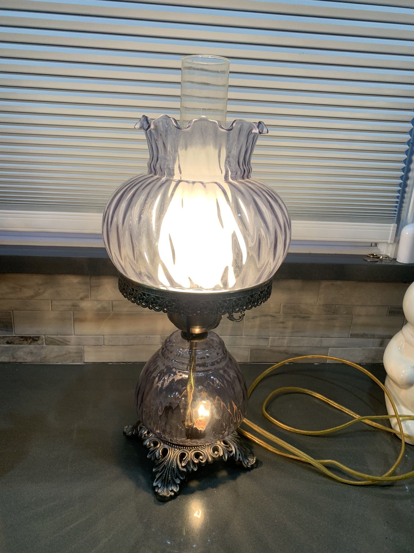 Light Blue Hurricane Lamp. 2 Way Switch.