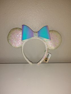Disney Parks Minnie Mouse White Iridescent Sequin & Bow Ears Headband