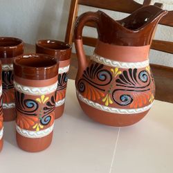 Jarra de Barro Decorada Con 6 Vasos.Made in Mexico.Clay Pitcher Made In Mexico.