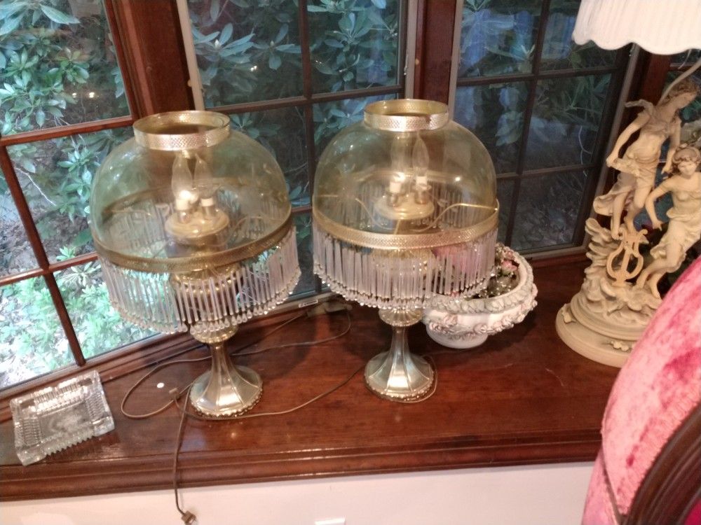 Set Of Etched Glass Dome Antique Lamps