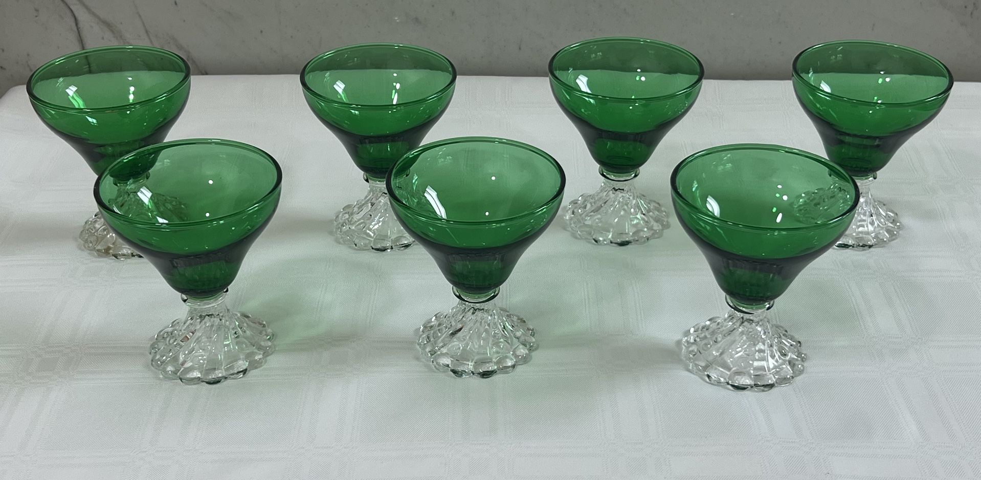 Set of 7 ~ Vintage 1950s Green Glass Bubble Stemmed Champagne Sherbet Glass Anchor Hocking