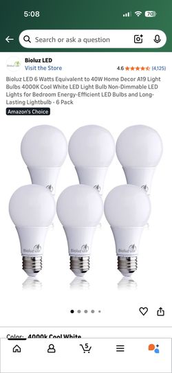 Bioluz LED 6 Watts Equivalent to 40W Home Decor A19 Light Bulbs 4000K Cool White LED Light Bulb Non-Dimmable LED Lights for Bedroom Energy-Efficient L